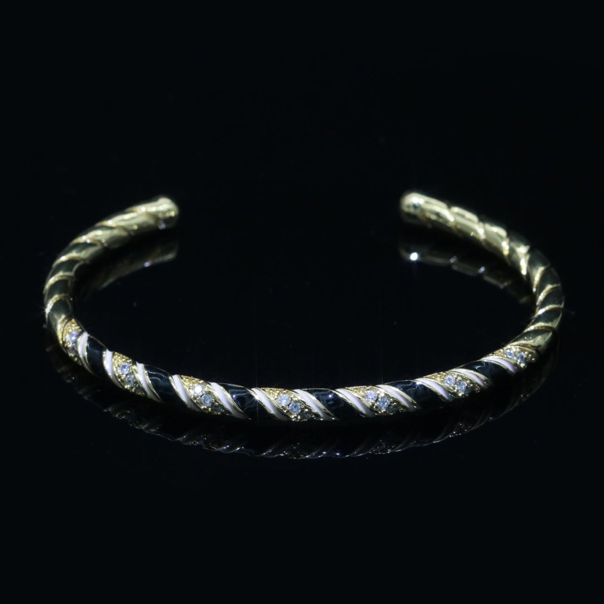 Black Enamel Geometric Swirl Gold Filled Bangle Open Adjustable Bracelet Vintage Style Inspired | WA-114 Clearance Pricing