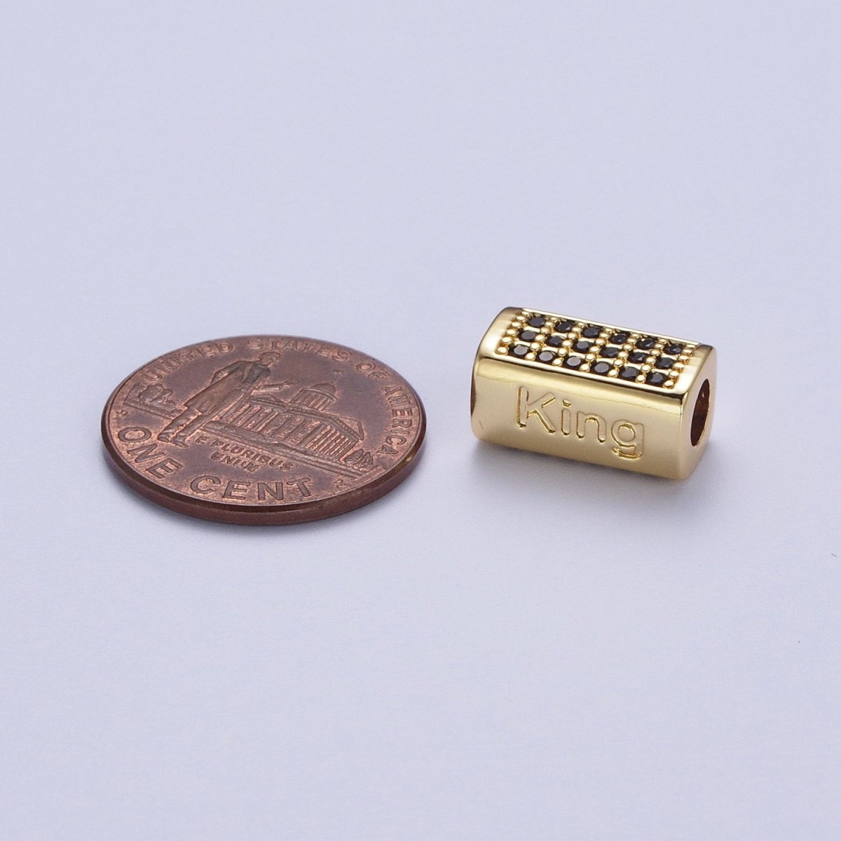 Black Micro Paved CZ Rectangular Bead with "King" Script Engraved in Gold & Silver | B-073