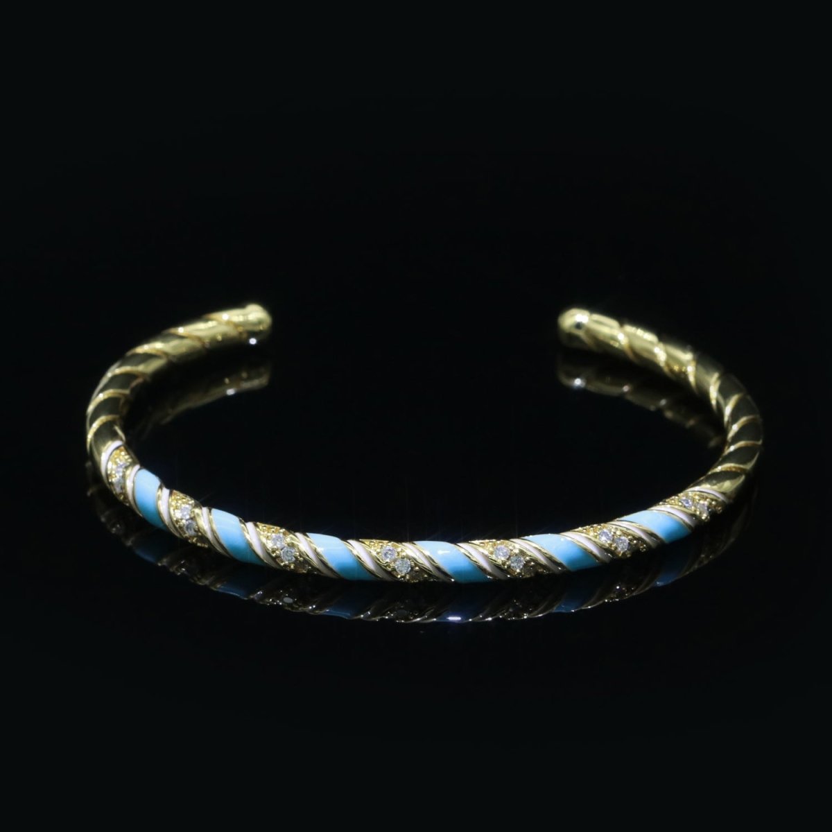 Blue Enamel Geometric Swirl Gold Filled Bangle Open Adjustable Bracelet Vintage Style Inspired | WA-115 Clearance Pricing