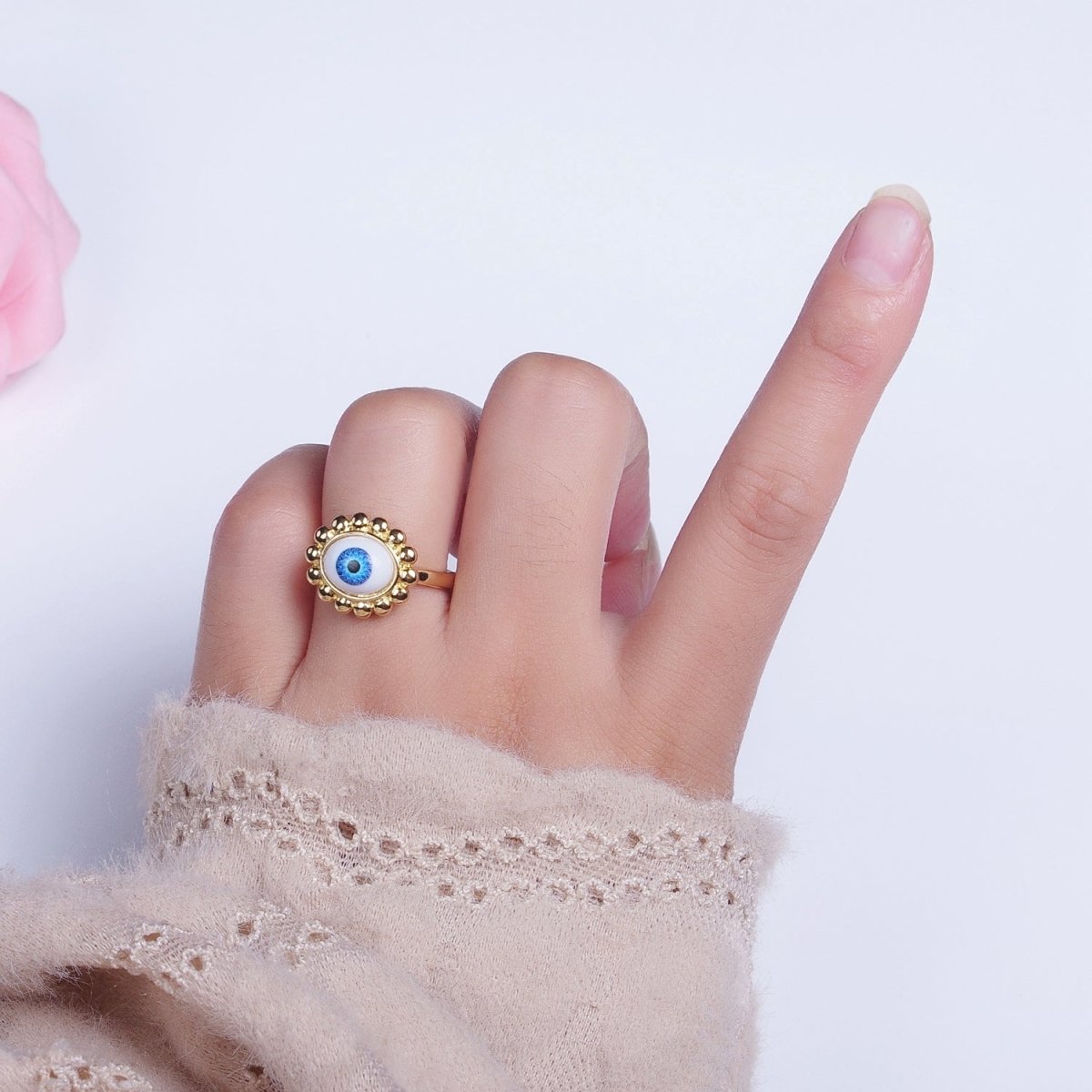 Blue Evil Eye of Ra Round Beaded Bezel Gold Adjustable Protection Ring | O-2001