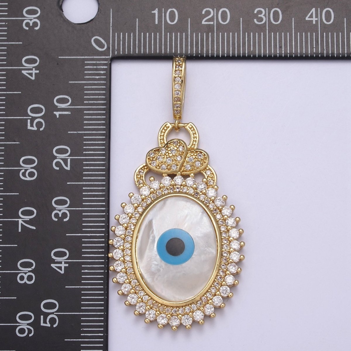 Bold 14K Gold Filled Evil Eye Pendant With Shell Pearl Encrusted with Clear Cubic Zirconia CZ Talisman Amulet Pendant For Statement Jewelry Necklace Making H-830