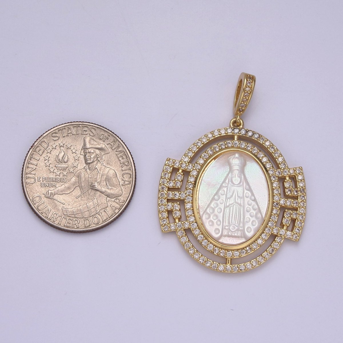 Bold Chunky Medallion Gold Filled Cubic Zirconia Mother Of Pearl Virgin Mary Lady of Guadalupe Pendant Necklace for Religious Jewelry Making N-575