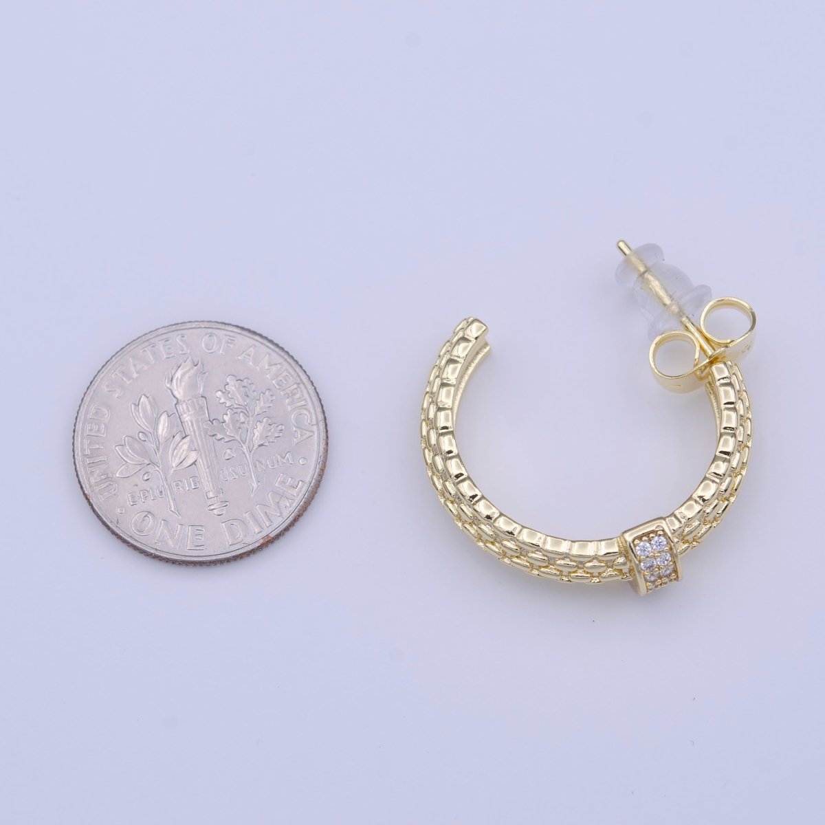 C-Shaped Beaded Gold Micro Paved CZ Lined Bar Stud Hoop Earrings | AD-214