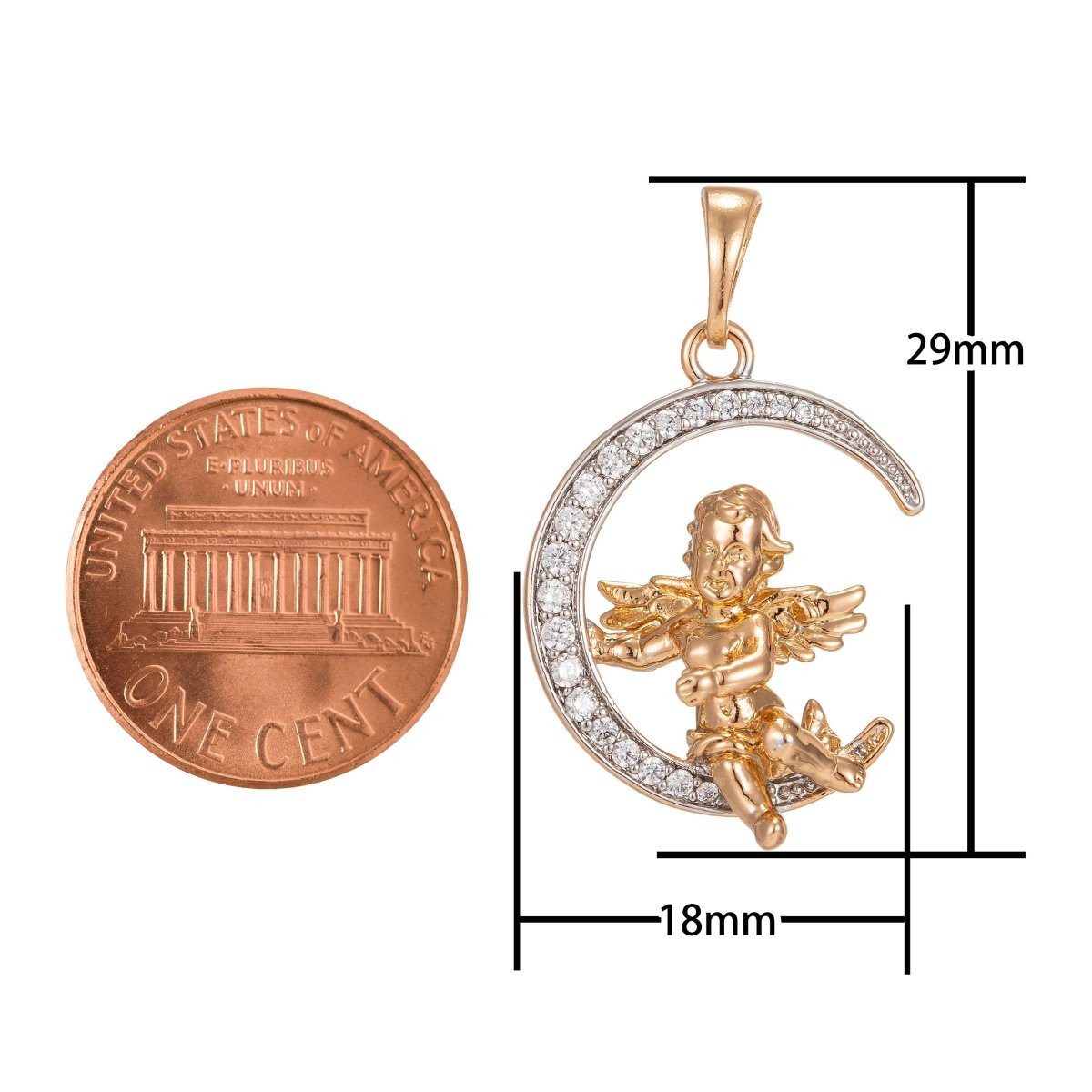 Cherub in the Moon Pendant Micro Pave Gold Moon Charm Necklace Moon Pendant in 18k Gold Filled Cherub Necklace Cubic Baby Angel Jewelry I-251