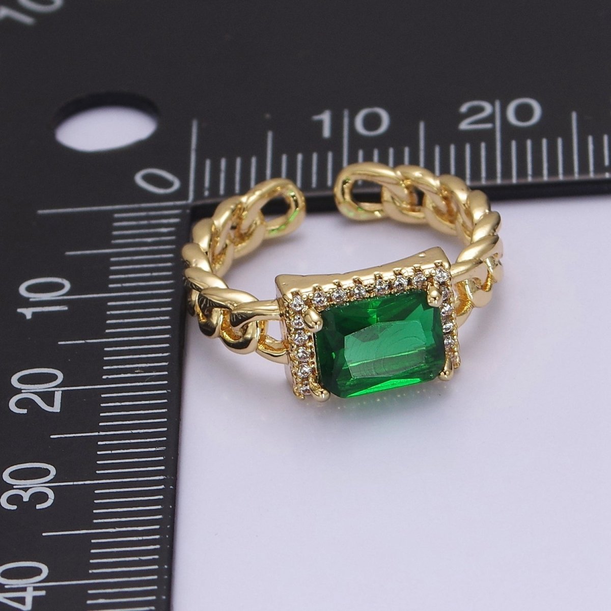 Chunky Emerald Green Cz Stone Ring in 18k Gold Filled Curb Chain Link Band Open Adjustable O-2080