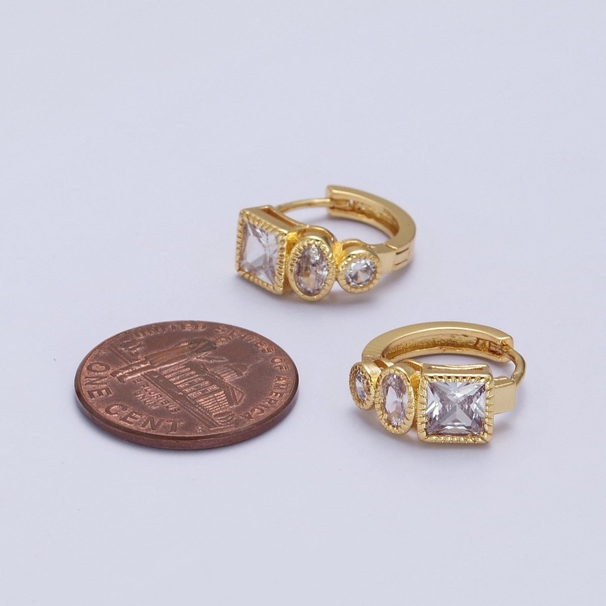 Clear Cubic Zirconia Triple Round Oval Square 14mmx15.8mm Huggie Hoop Earrings | AD-506