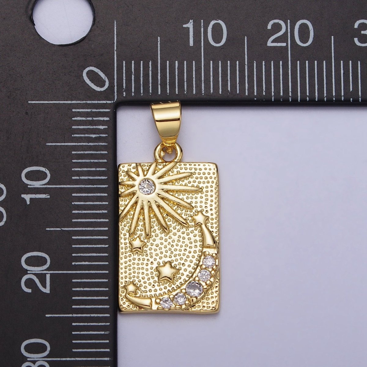 Clear CZ Celestial Sun Star Crescent Moon Dotted Rectangular Pendant | AA089