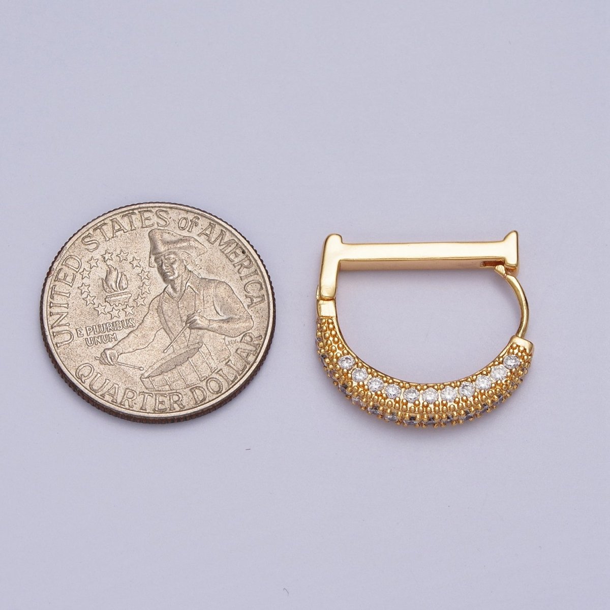 Clear CZ Micro Paved Geometric D-Shaped Gold Huggie Earrings | AB001