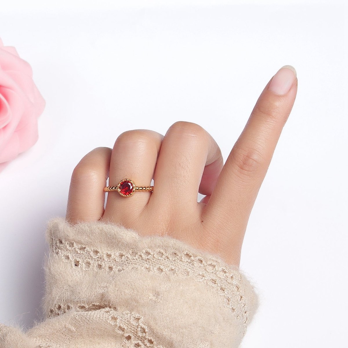 Clear, Green, Red Round CZ Solitaire Beaded Adjustable Gold Ring | O248~O250