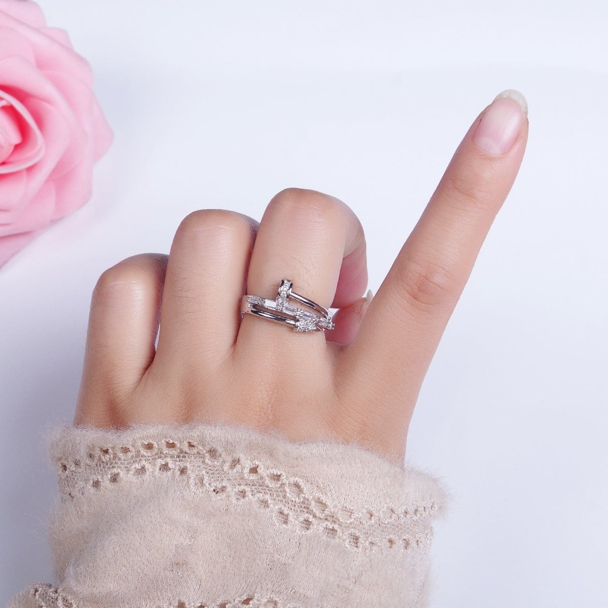 Clear Micro Paved Baguette Adjustable Nail Ring in Gold & Silver | O-258