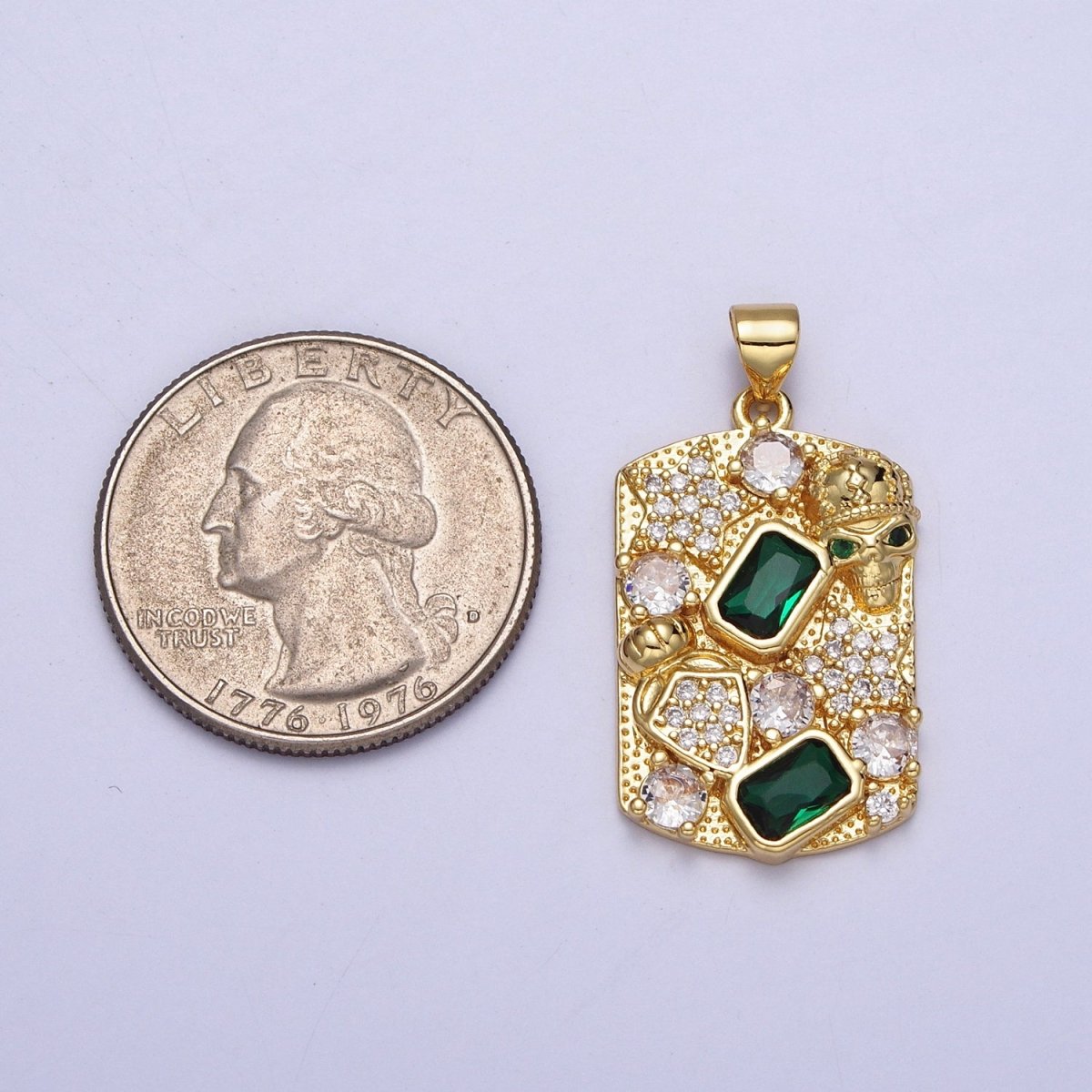Clear Micro Paved CZ Green Baguette Star Shield Skull Rectangular Tag Pendant | AA020