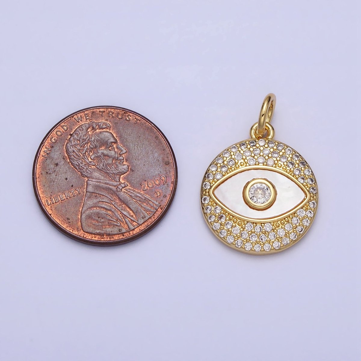 Clear Micro Paved CZ Shell Pearl Evil Eye Round Gold Charm | AC363