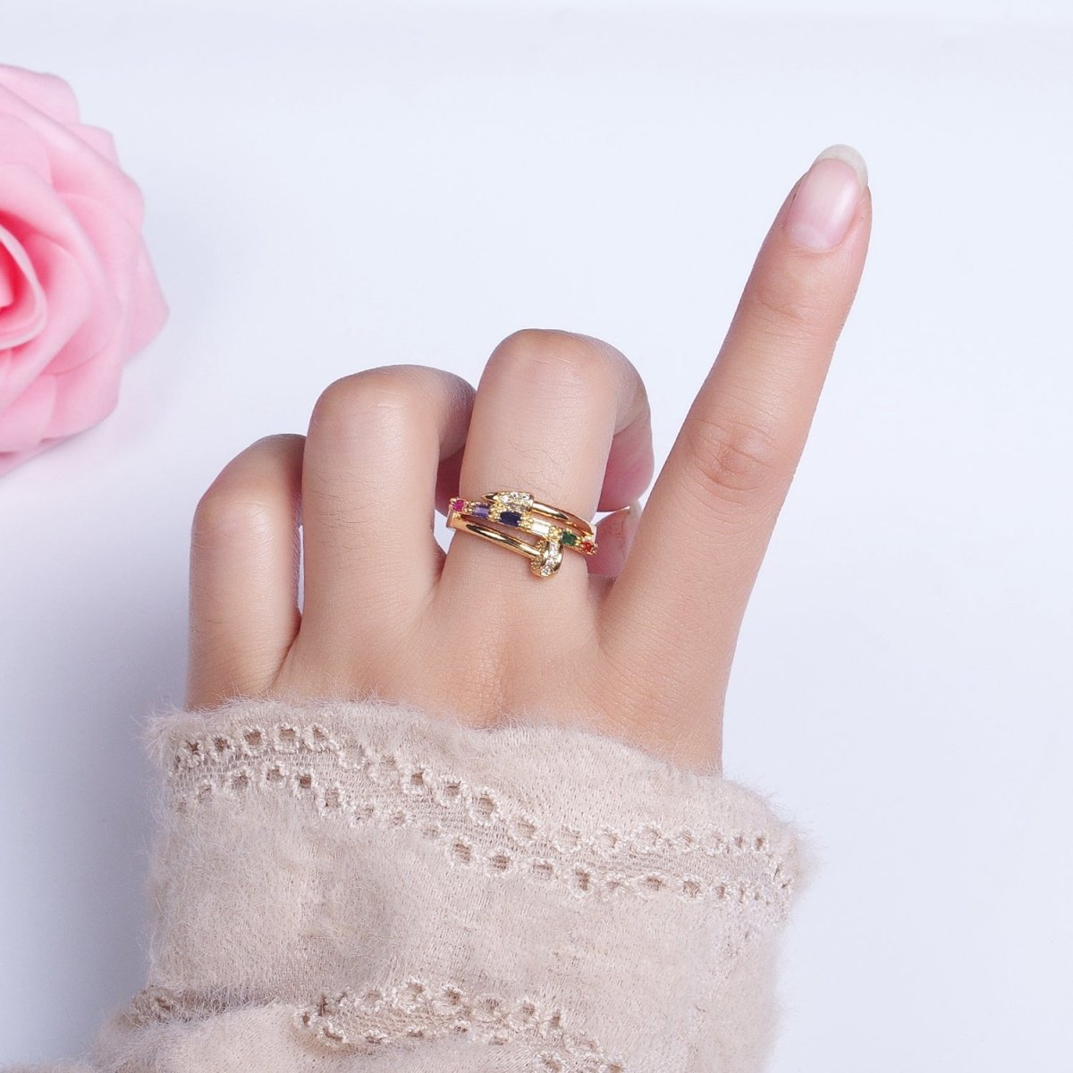 Clear Micro Paved Multicolor Baguette Adjustable Nail Ring in Gold & Silver | O-259 O-260
