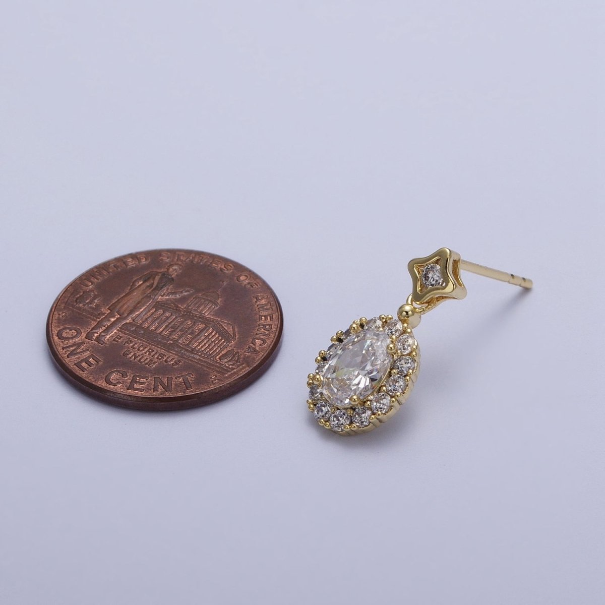 Clear Micro Paved Oval CZ Star Stud Drop Dangle Gold Earrings | AD-190