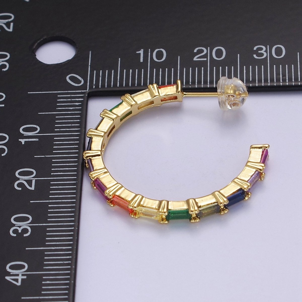 Colorful Baguette Hoop Earrings, Gold Multicolor Rainbow Hoop V-108