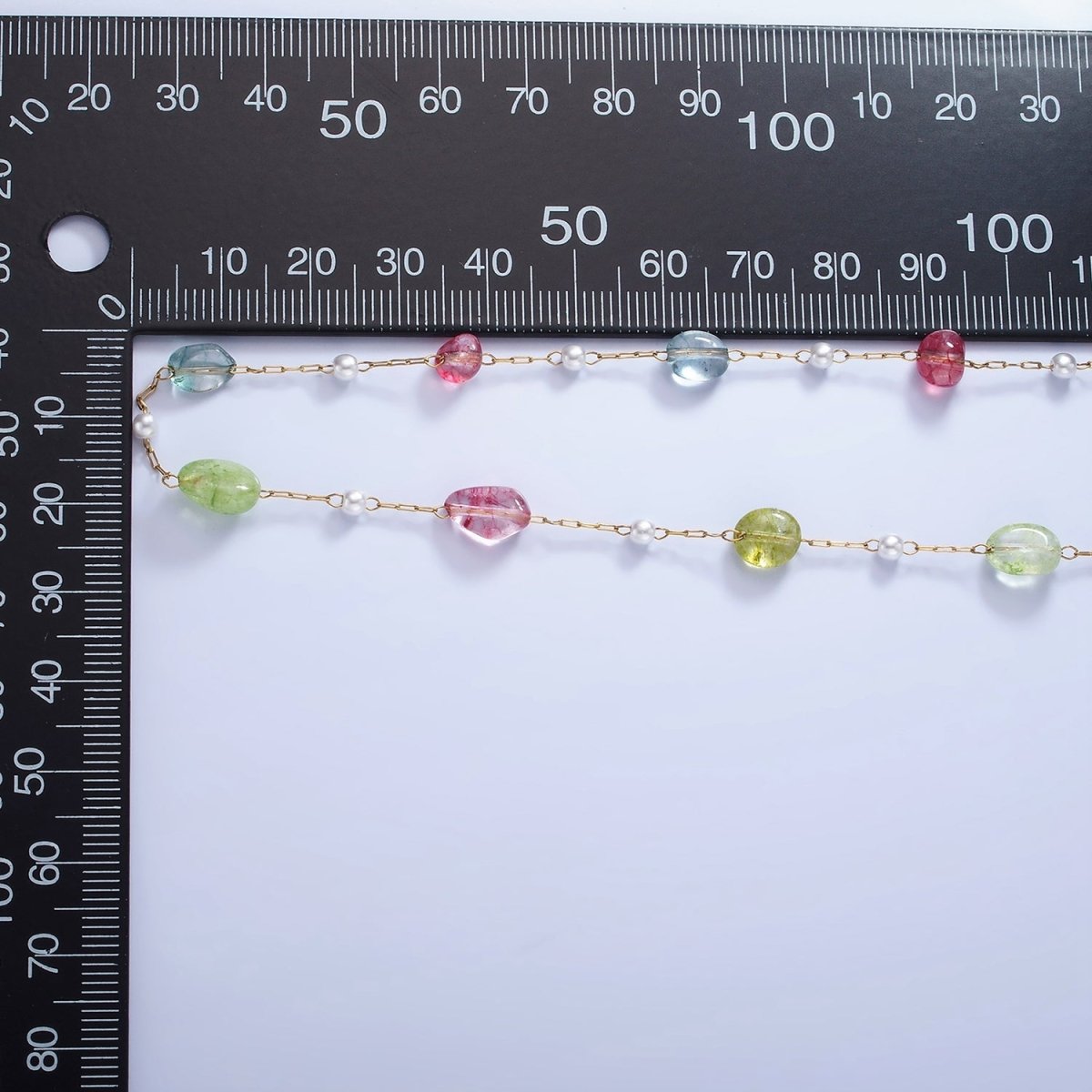 Colorful Gemstone Pearl Beaded Chain on Gold Paperclip Chain by Yard | ROLL-1505