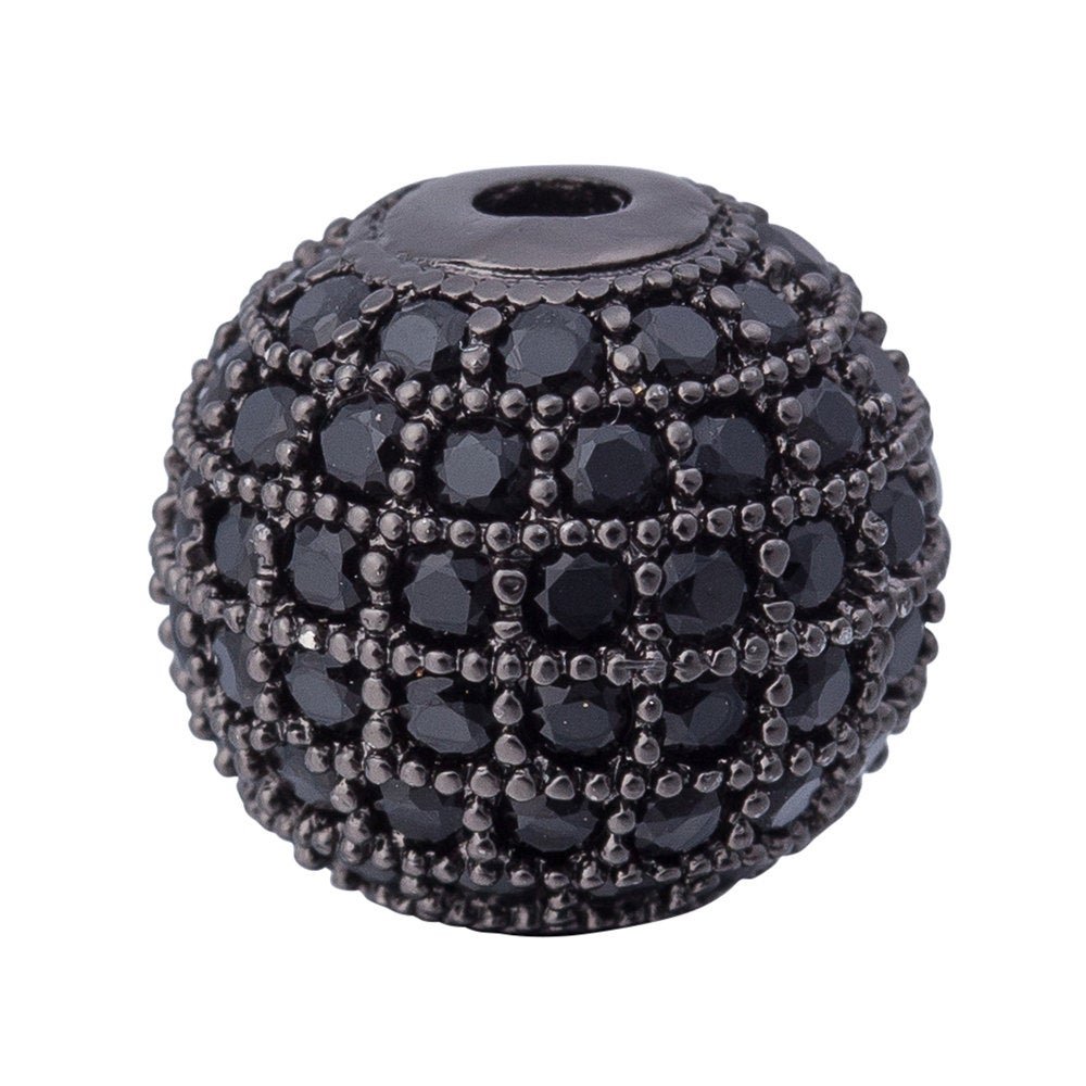 Cubic Zirconia Black Disco Ball Shambala Beads, Crystal Rhinestones CZ Pave Czech Bead, Gun-Metal Plated, 10mm | B-249