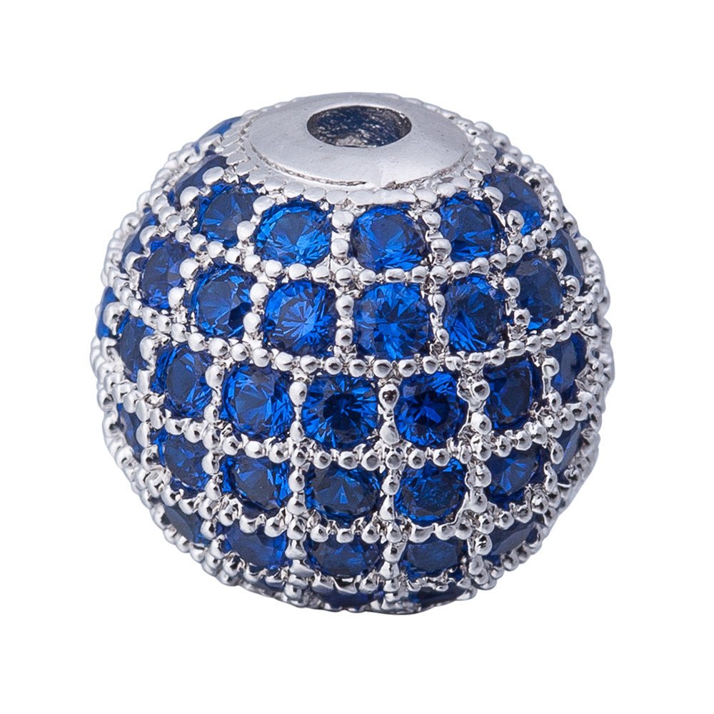 Cubic Zirconia Gold Filled Cooper Disco Ball Shambala Beads, Blue Crystal Rhinestone CZ Pave Czech Bead, Silver, 10mm | B-325