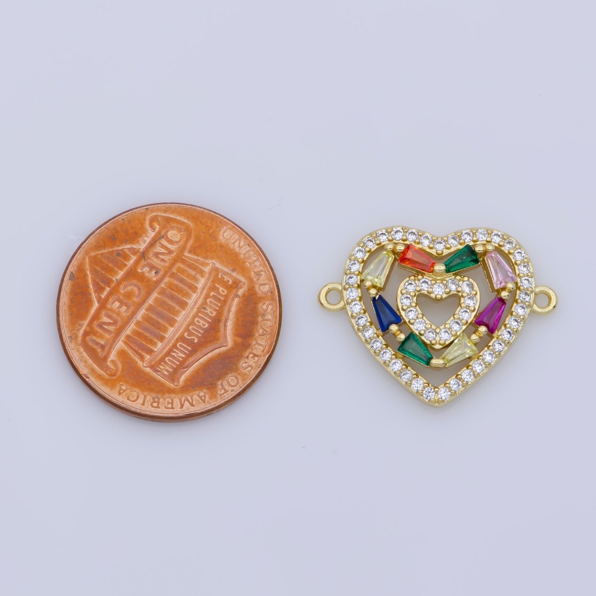 Dainty 14k Gold Filled Heart Charm, Micro Pave Link Connector, Multi Color Cubic Zirconia Charm Connector F-348