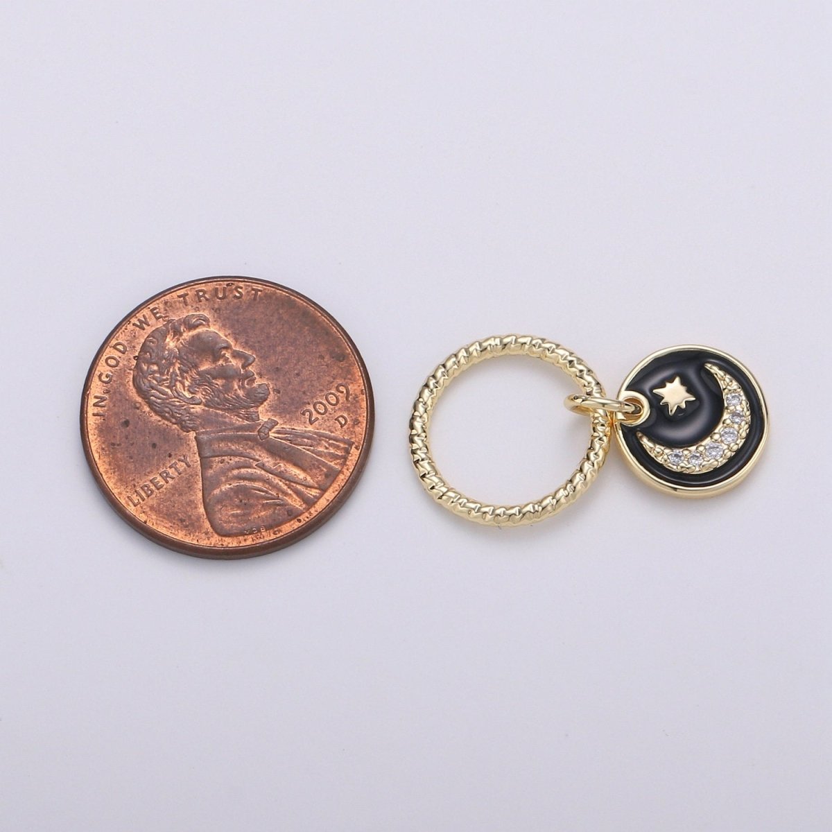 Dainty 14k Gold Filled Moon and Stars Charms, White Black CZ Pave Round Disc Pendant for Bracelet or Necklace Jewelry Supply D-226 D-227