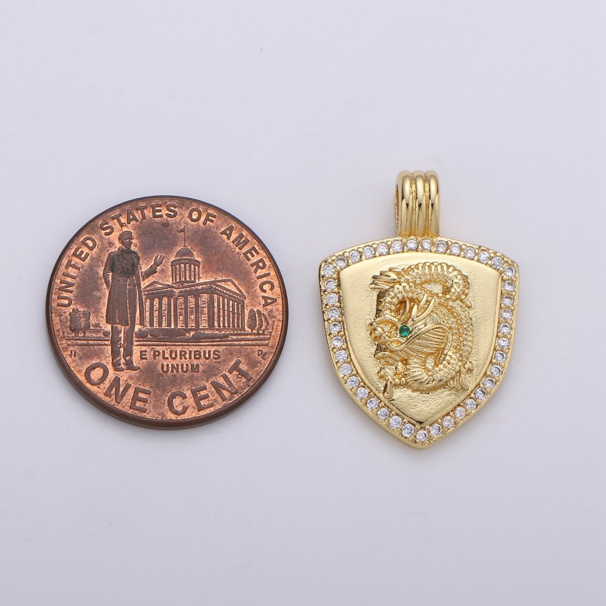 Dainty 14k Gold Filled Shield Charm, Cz Shield pendant, Micro Pave Gold Dragon Pendant Protection Jewelry Supply I-925