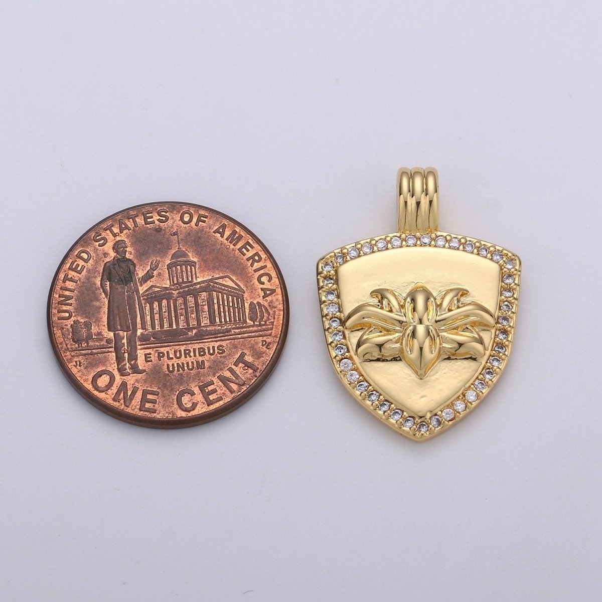 Dainty 14k Gold Filled Shield Charm, Cz Shield pendant, Micro Pave Lotus Pendant Protection Jewelry Supply I-935
