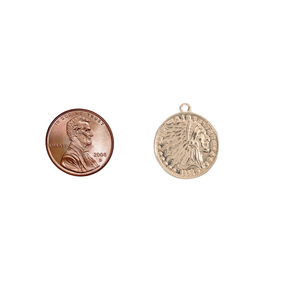 Dainty 18k Gold Filled Rustic Indian Chief Head with Full Headdress Antiqued Coin Charm Pendant Jewelry Supply C-240