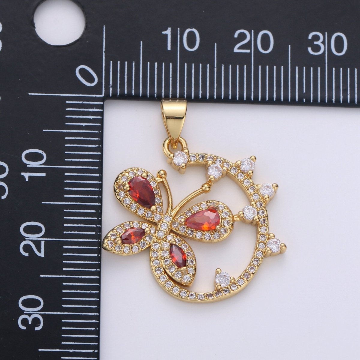 Dainty 24k Gold Filled Micro Pave Butterfly Charm, Ruby Cubic Zirconia Round Circle Pendant Charm, Gold Filled Charm, For DIY Jewelry I-852