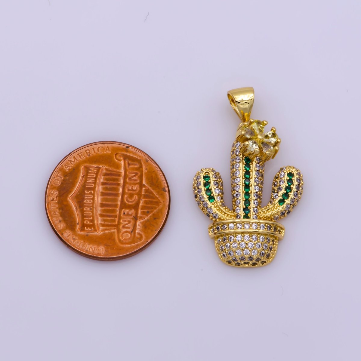 Dainty 24K Gold Filled Micro Paved CZ Green Cactus Succulents Potted Plant Pendant | N-1346