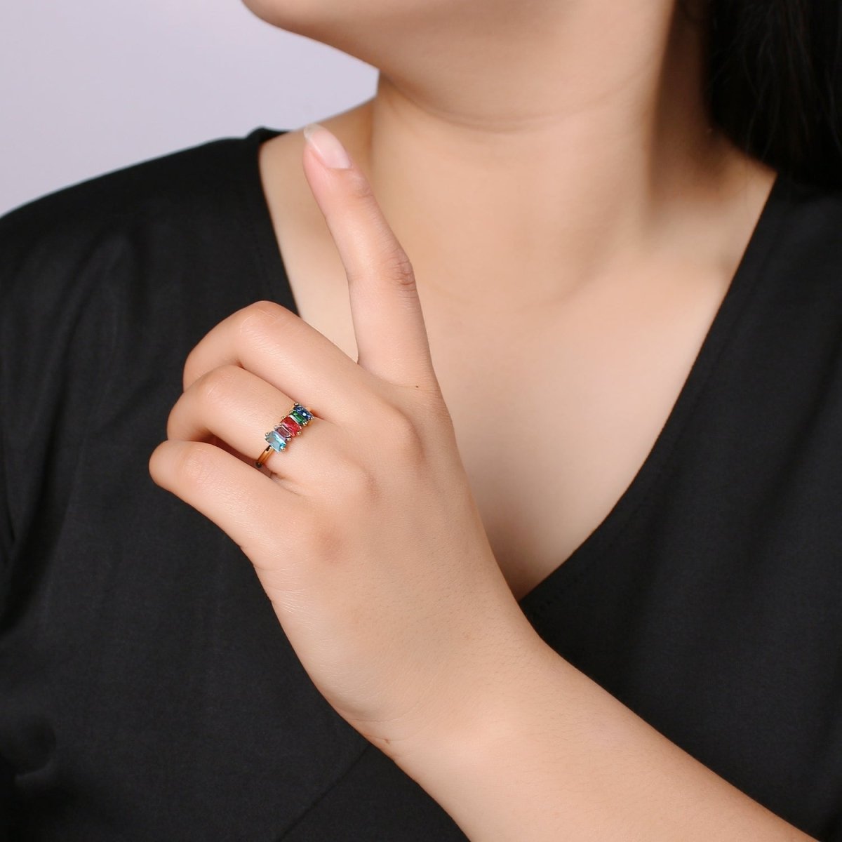 Dainty Baguette Ring, Rainbow Gold Baguette Ring, Colorful Baguette Ring, Open Adjustable Ring, Everyday Wear Women Ring O-293