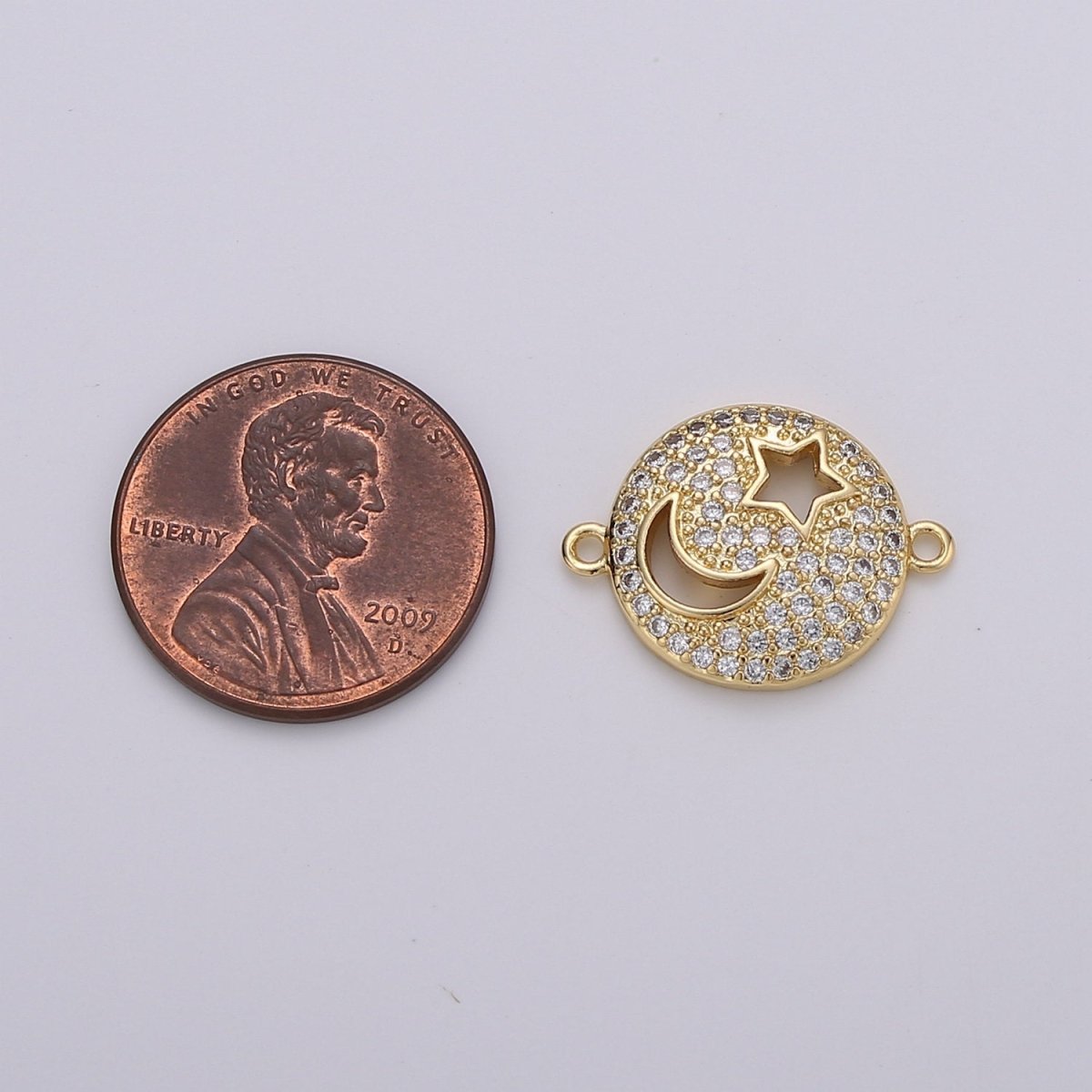 OS Dainty Celestial Round Charm Connector- 14k Gold Filled Moon Star Sun Charm for Bracelet Necklace Link Connector Component Cz Charm F-467