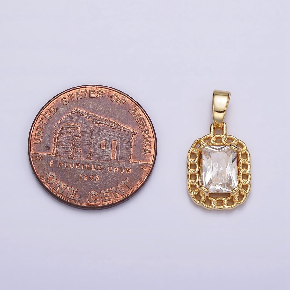 Dainty Clear Cubic Zirconia Emerald Cut Stone Pendant Tag Charm with Curb Link Frame J-611