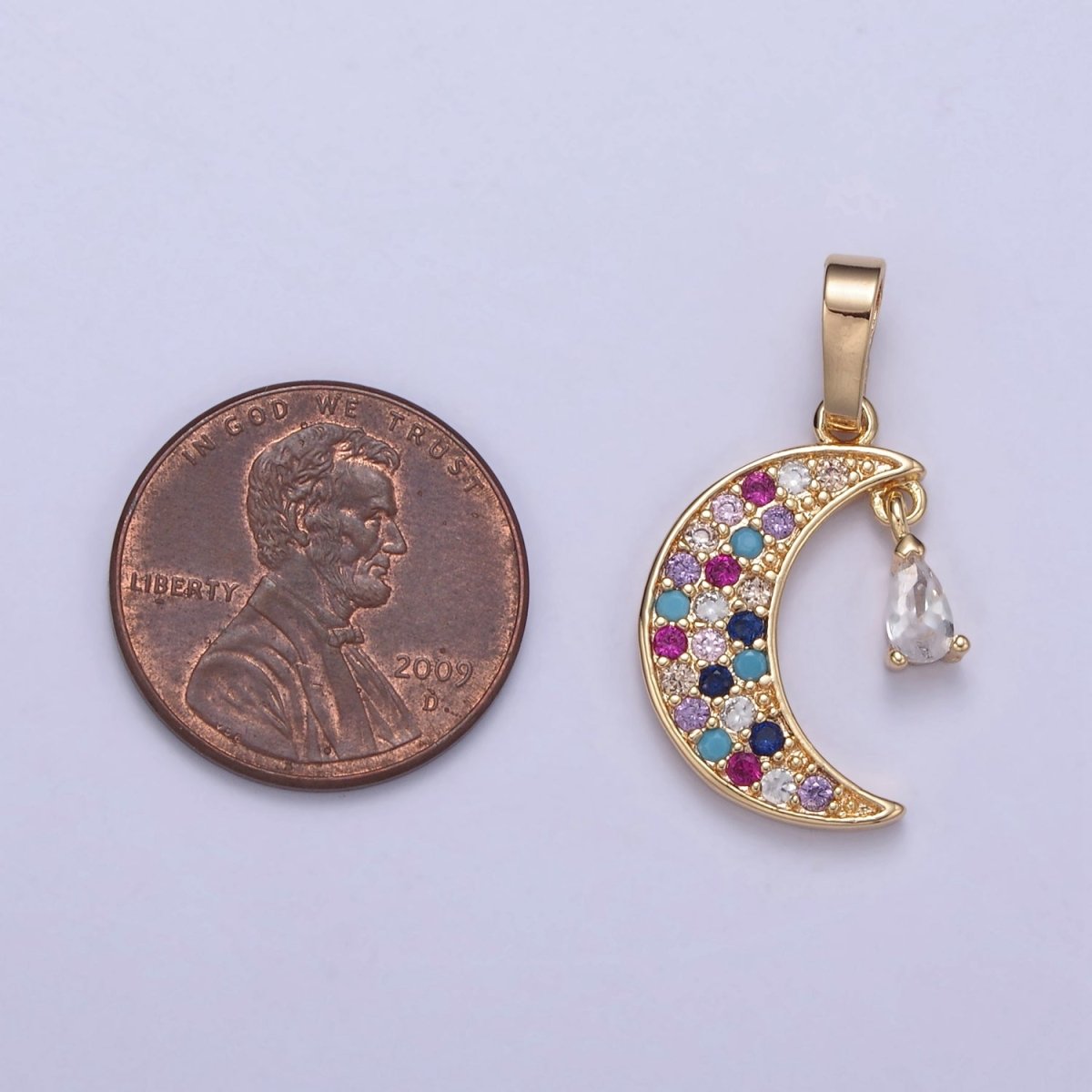 Dainty Crescent Moon Pendant with Multi Color Cz Stone for Celestial Jewelry Making H-548