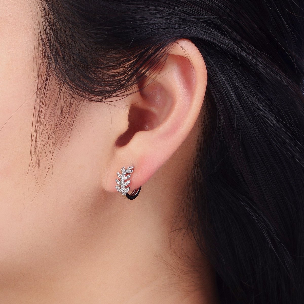 Dainty CZ Leaf Hoop Earrings, Olive Leaf Huggies Silver Earring AB1055