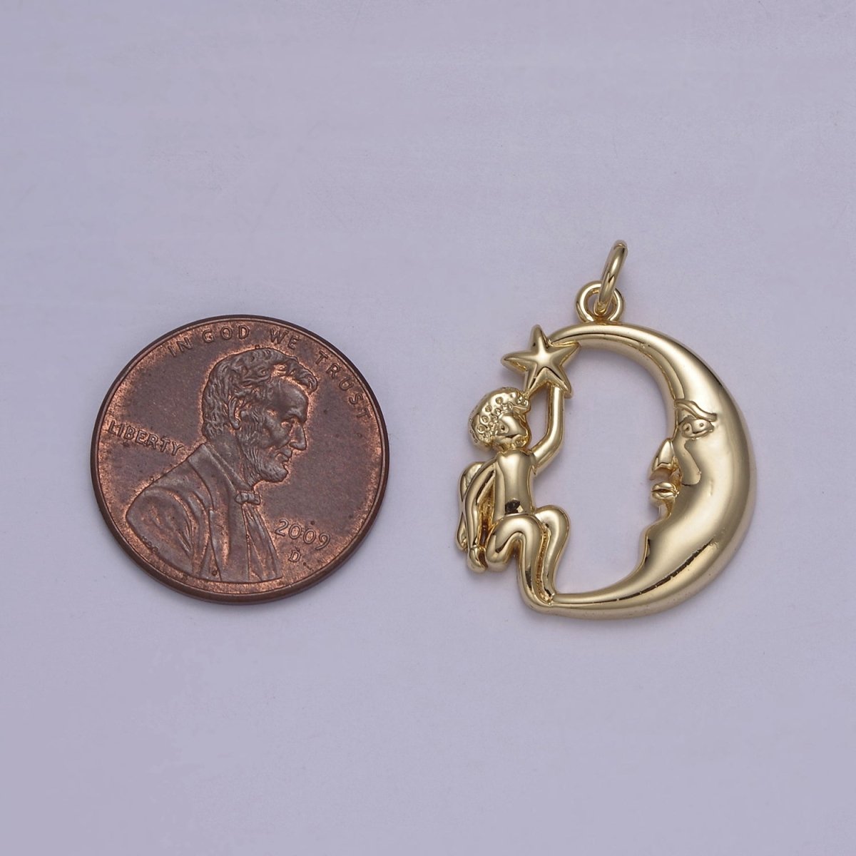Dainty Gold Angel Holding Star with Crescent Moon N-848
