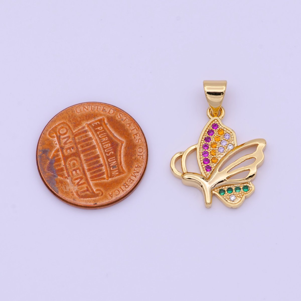 Dainty Gold Butterfly Pendant Micro Paved Multicolor CZ Mariposa Wings H-575