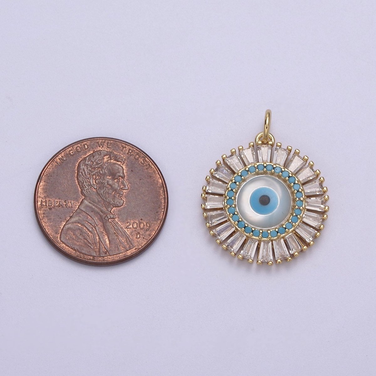 Dainty Gold Filled Baguette CZ Evil Eye Charm Necklace | CZ Round Pendant Amulet Protection Jewelry N-827