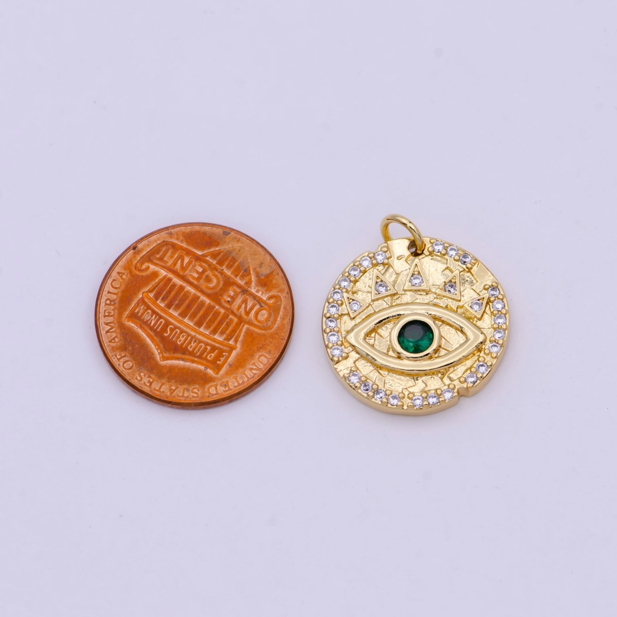 Dainty Gold Filled Evil Eye Charm with Green Emerald Cz Stone Coin Charm for Bracelet Necklace Supply N-362