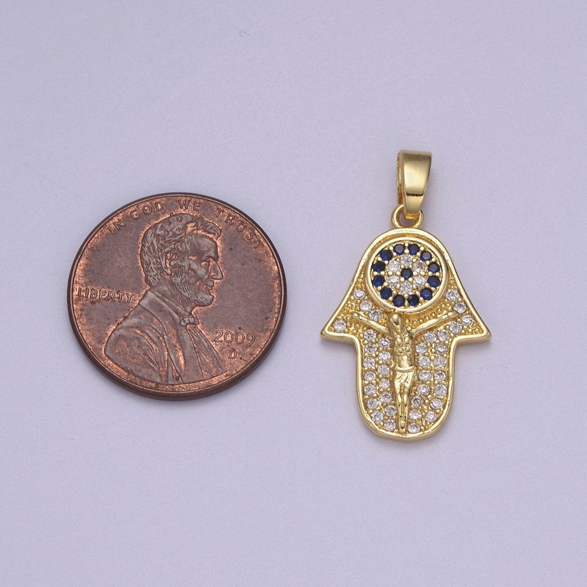Dainty Gold Hamsa Hand Charm with Crucifix Jesus Pendant N-596
