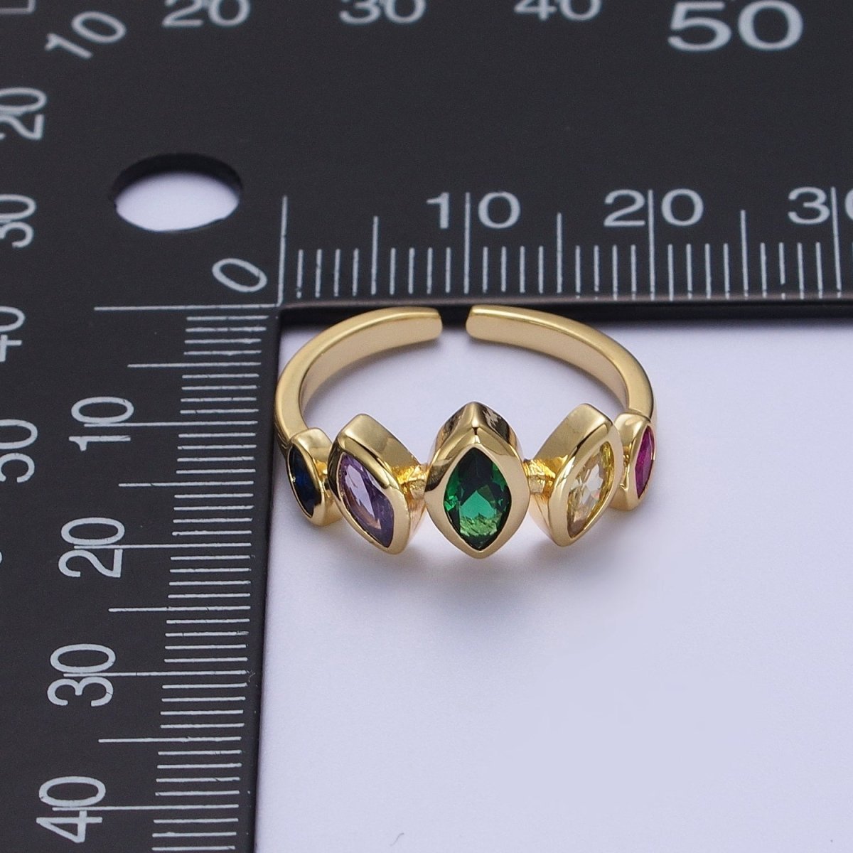 Dainty Gold Multi Color CZ Gemstone Eye Ring Open Adjustable Ring O-122