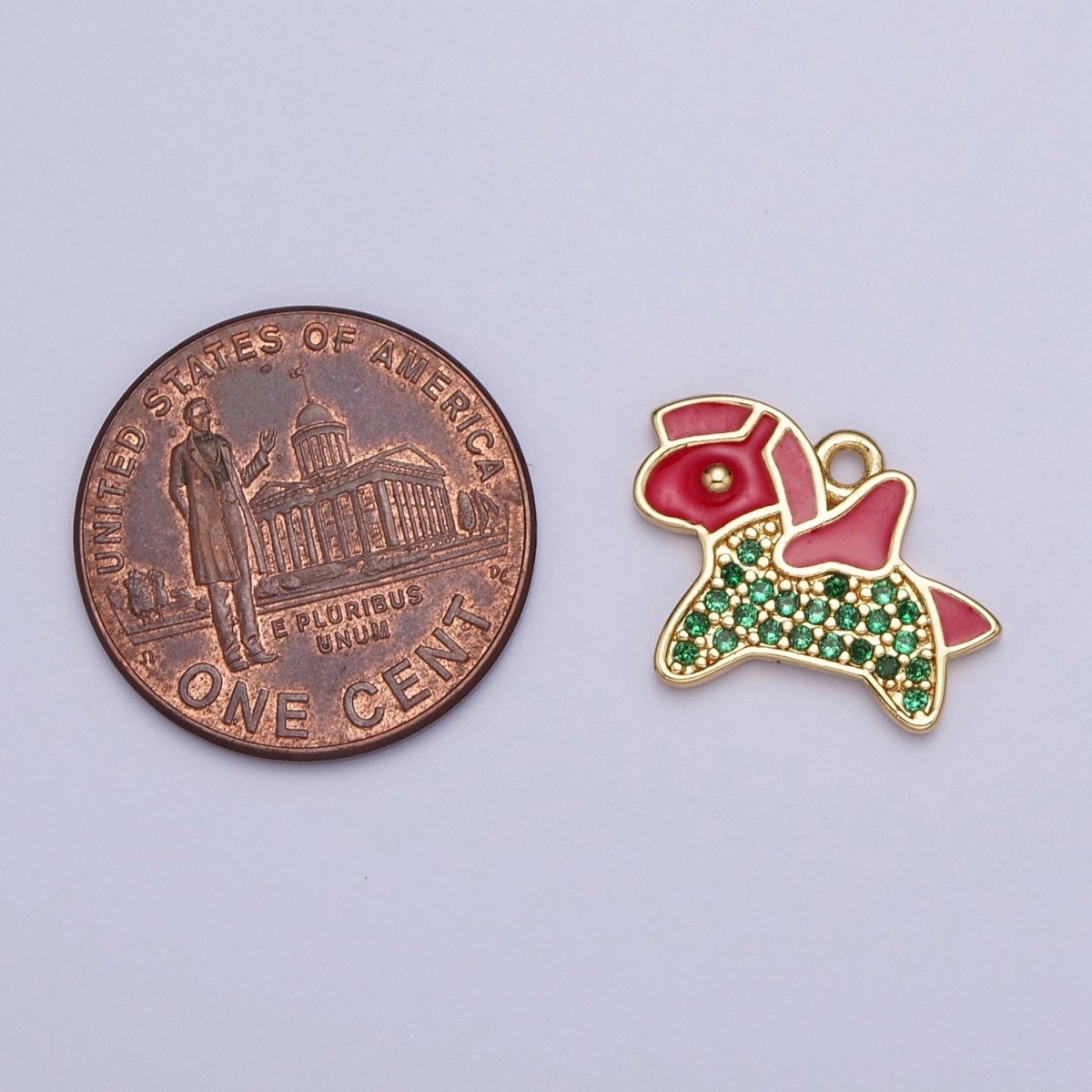 Dainty Gold Pony Pegasus Charm, Red Enamel & Green Micro Paved Cubic Zirconia Animal Pendant AG-119
