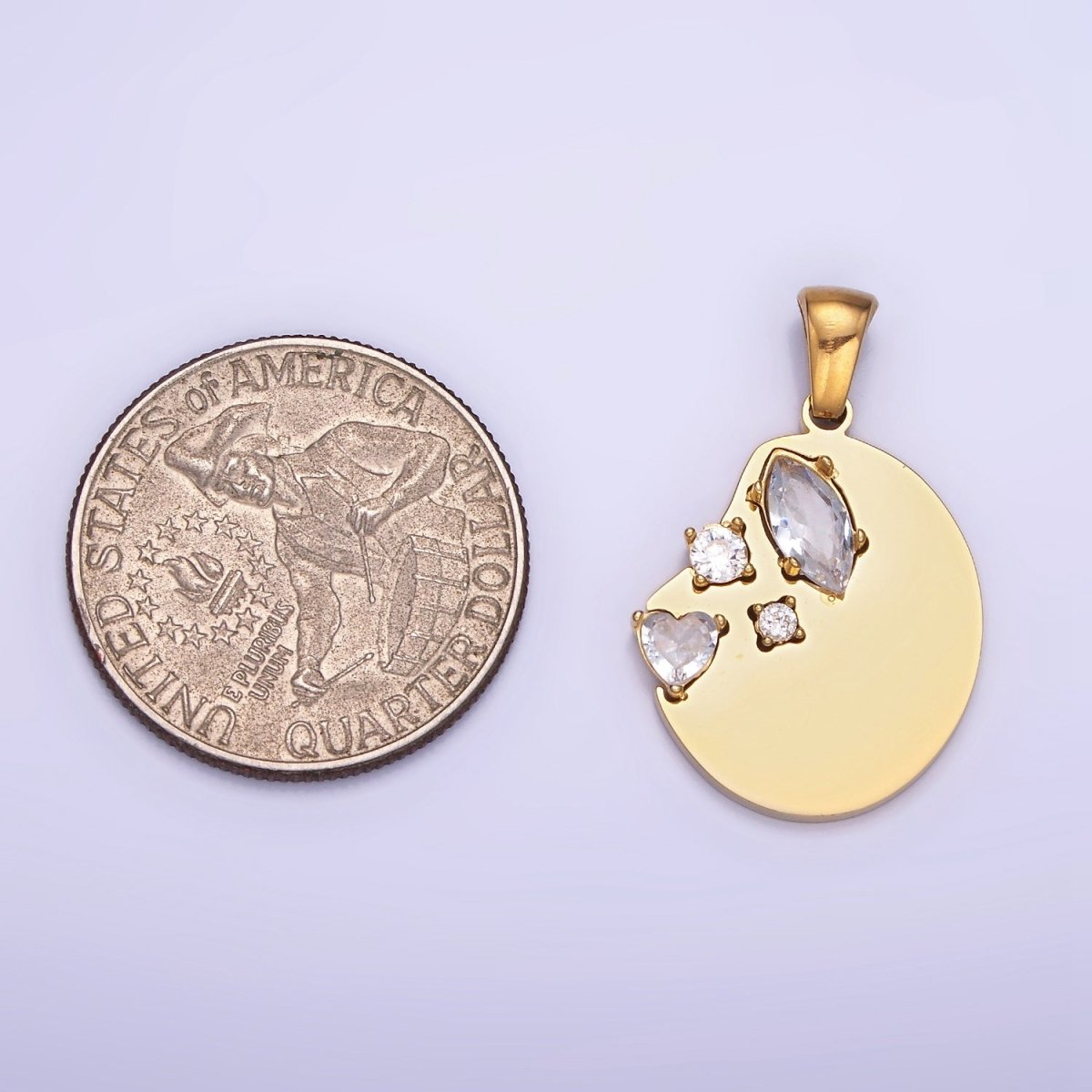 Dainty Gold Stainless Steel Abstract Coin Charm with Clear Crystal cz Stone | P1395
