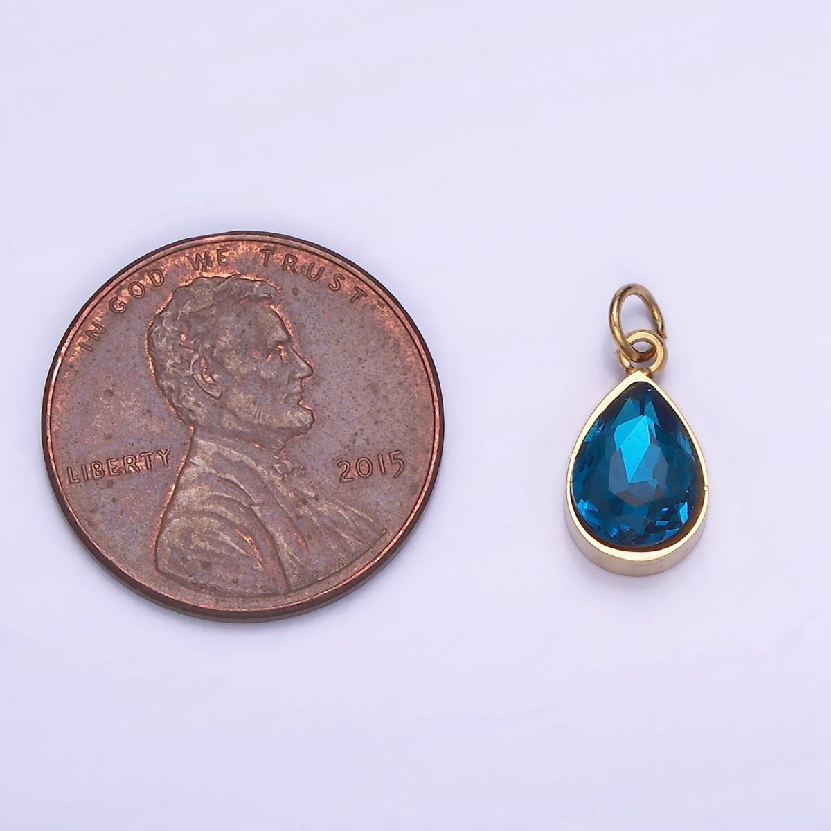 Dainty Gold Stainless Steel Blue Teardrop Crystal Charm | P1406