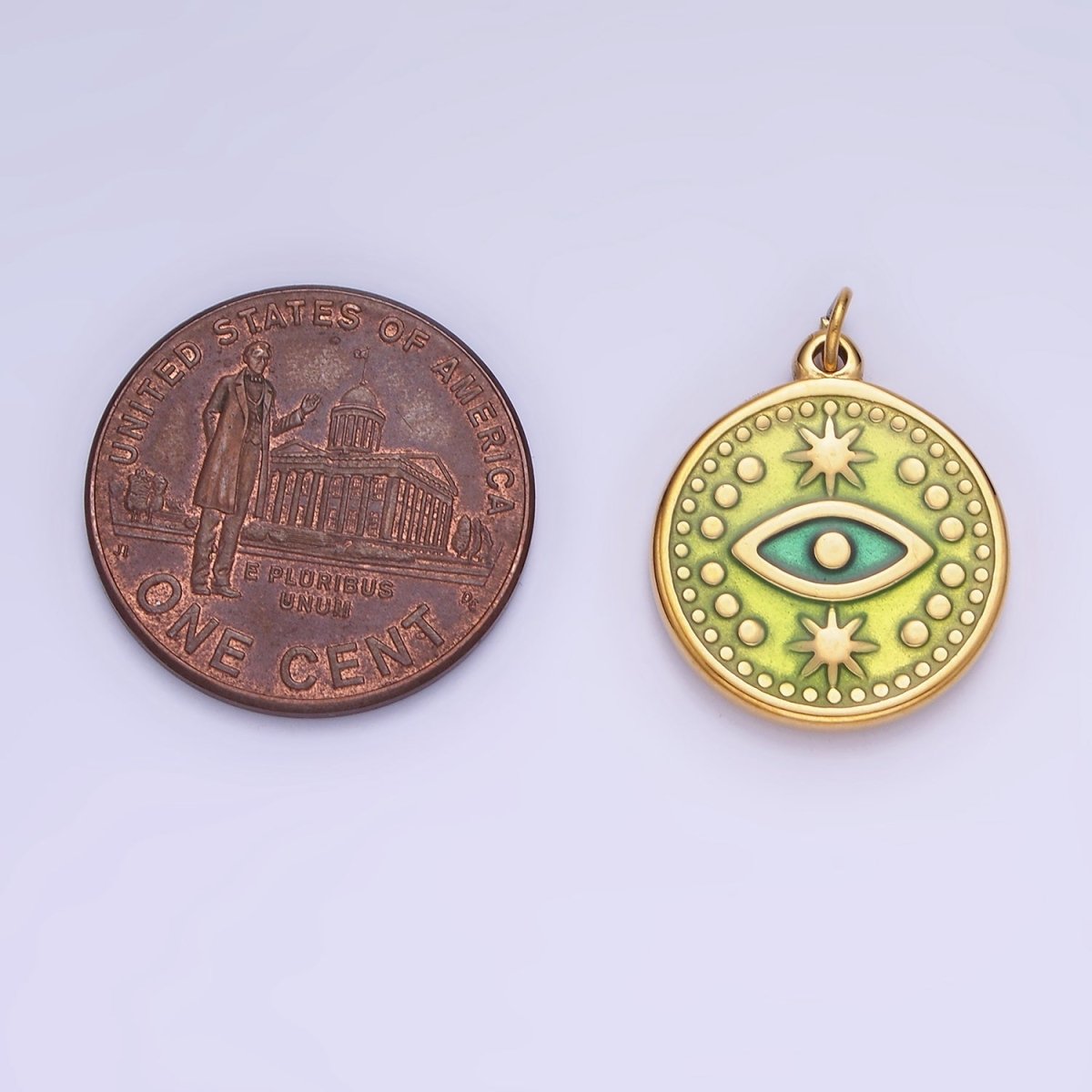 Dainty Gold Stainless Steel Green Evil Eye Round Circle Charm Medallion P1384
