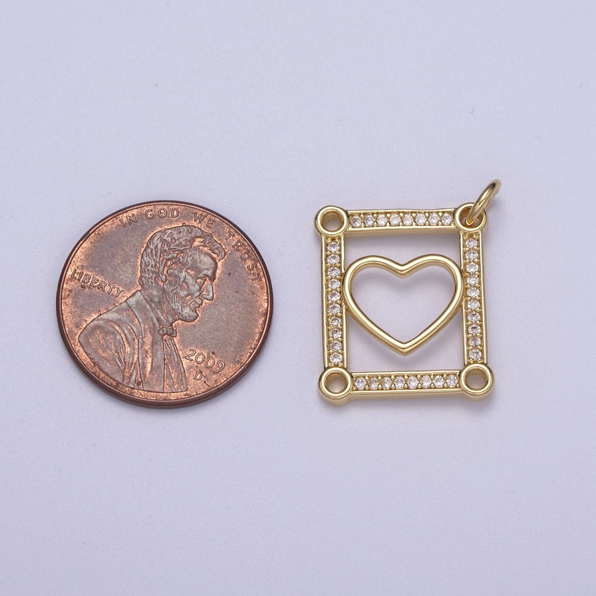 Dainty Gold Tile Heart Gold Filled Charm with Cubic Zirconia Stone for Bracelet Necklace Earring N-331