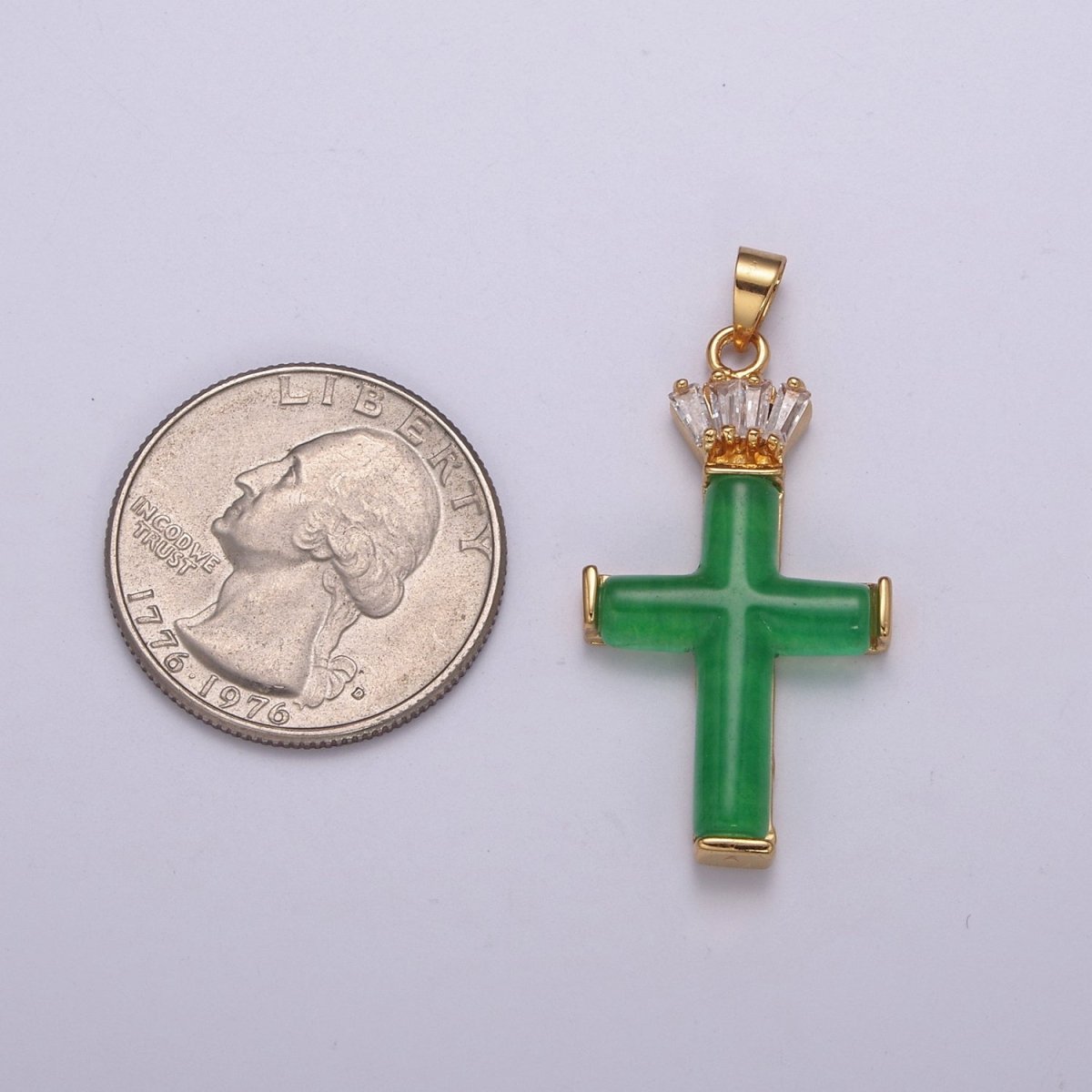 Dainty Green Jade Cross Pendant With CZ Crown for Necklace Earring Component Supply AH-351