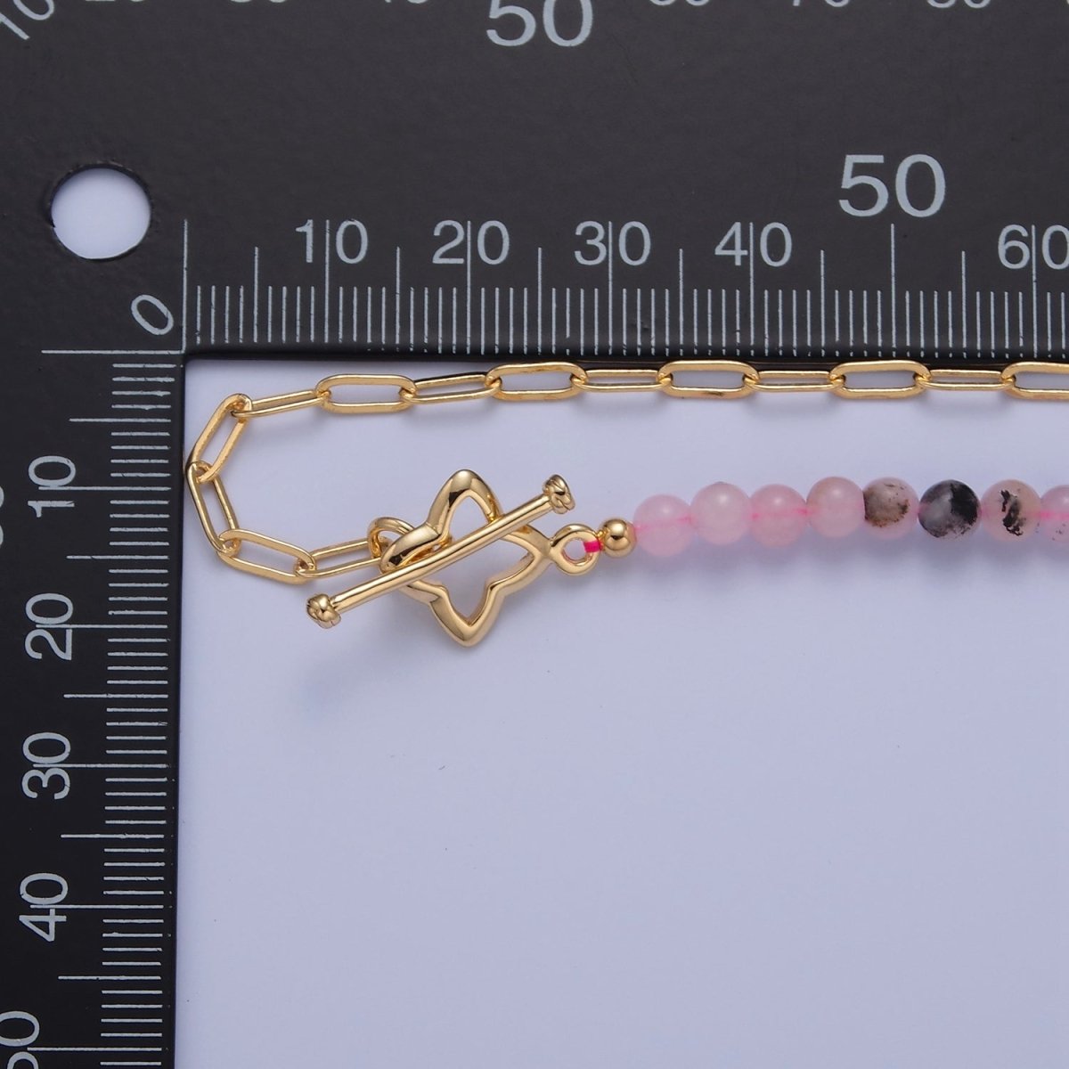 Dainty Half Bead Half Link Chain Necklace, 24k Gold Filled Paperclip Chain with Pink Jade Necklace Toggle Clasp | WA-972 Clearance Pricing