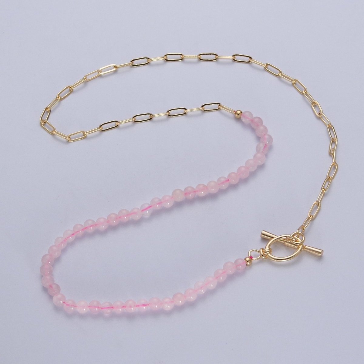 Dainty Half Bead Half Link Chain Necklace, 24k Gold Filled Paperclip Chain with Pink Quartz Necklace with Oval Toggle Clasps | WA-1019 Clearance Pricing
