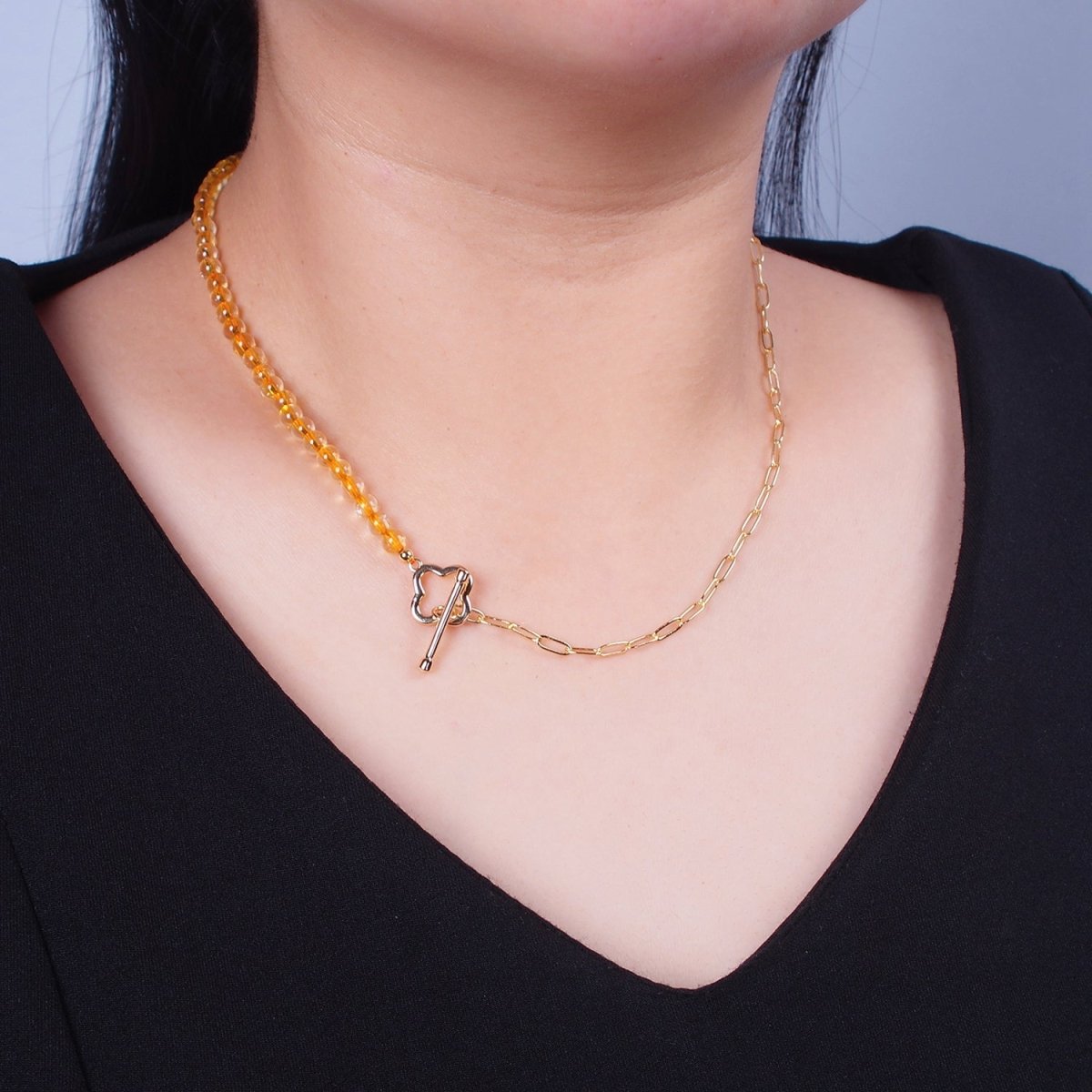 Dainty Half Bead Half Link Chain Necklace, 24k Gold Filled Paperclip Chain with Yellow Quartz Necklace | WA-962 Clearance Pricing