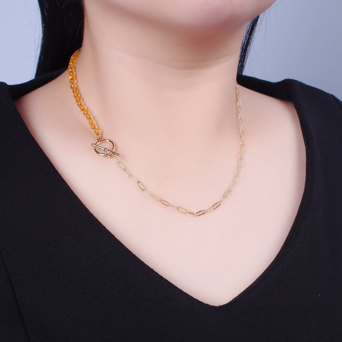 Dainty Half Bead Half Link Chain Necklace, 24k Gold Filled Paperclip Chain with Yellow Quartz Necklace | WA-963 Clearance Pricing